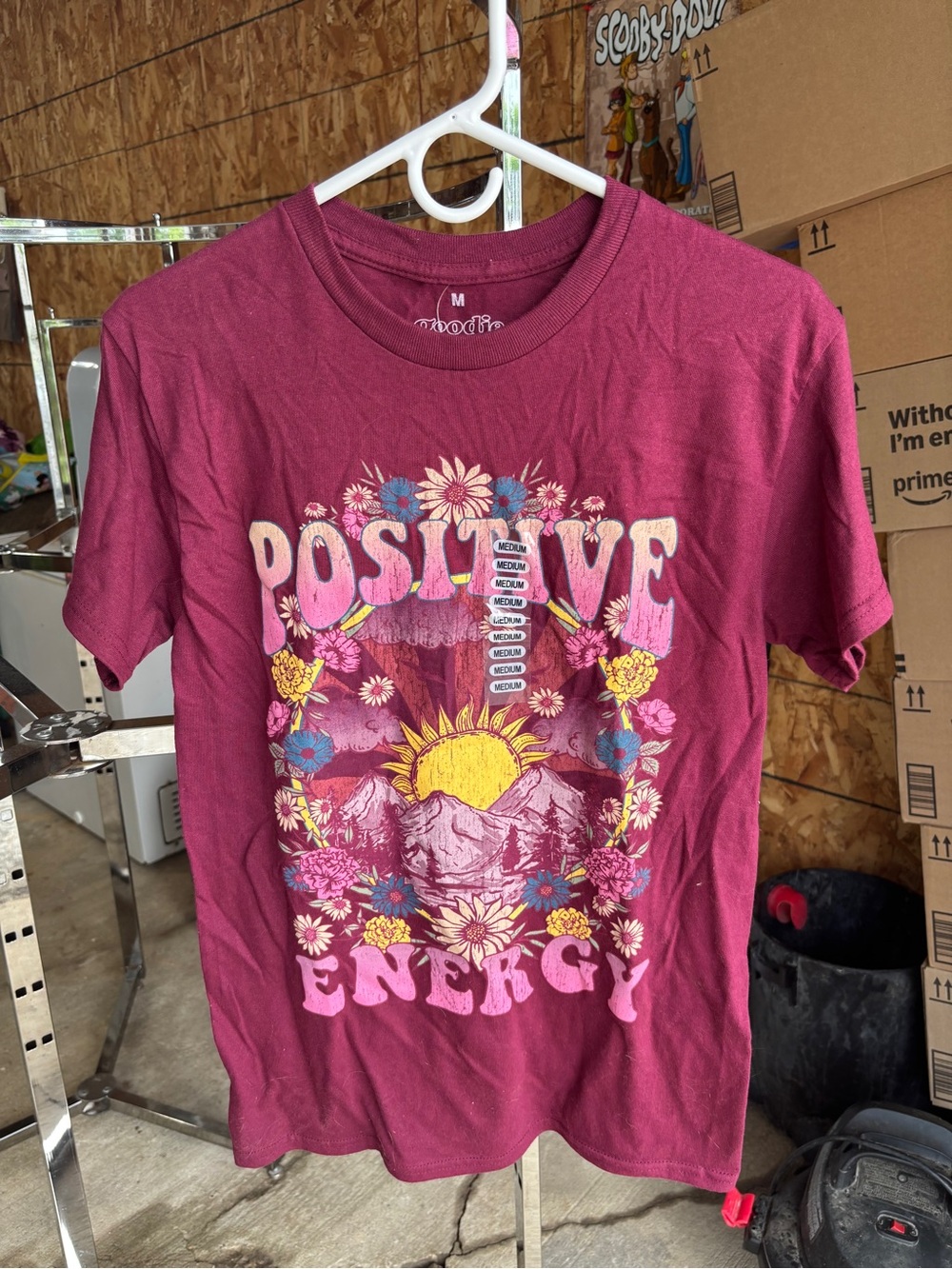 Positive Energy Graphic Tee - Maroon with Yellow & Pink Floral Print